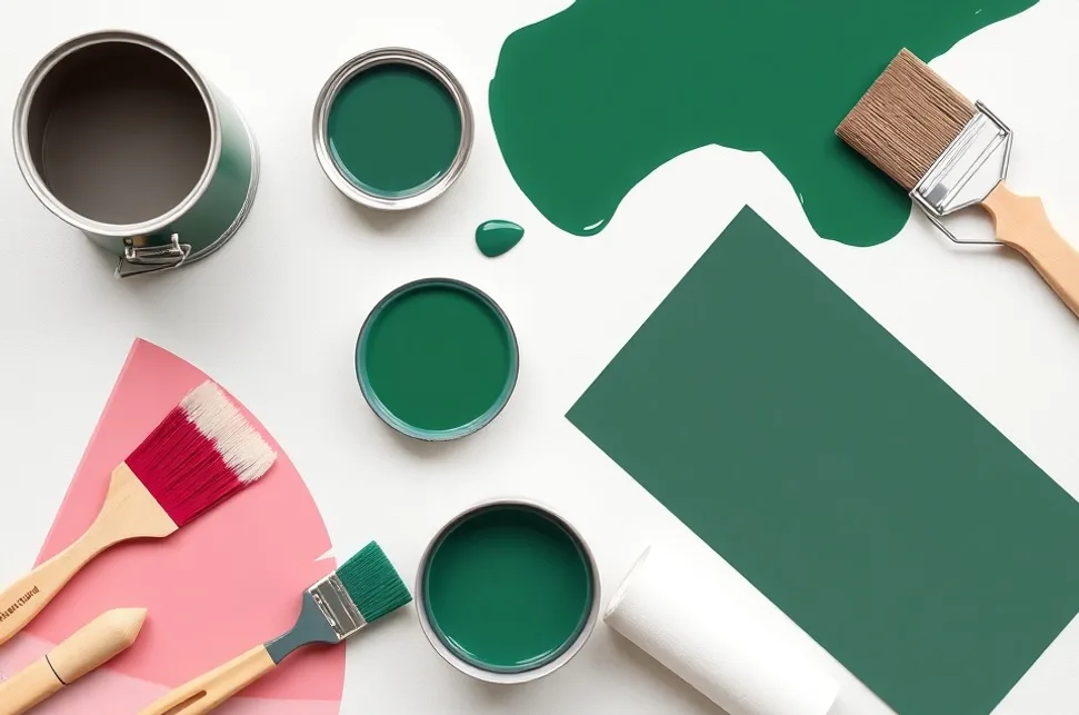 Pots de peinture, nuancier, brosses et rouleaux disposés à plat