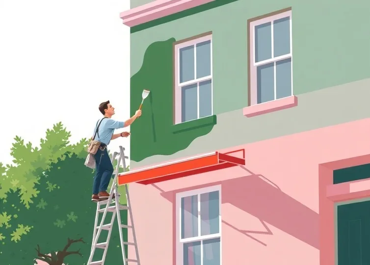 Peintre sur échafaudage traitant la façade d'une maison