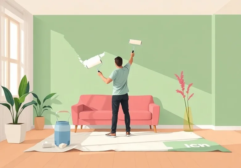 Peintre appliquant la peinture au rouleau sur un mur de salon